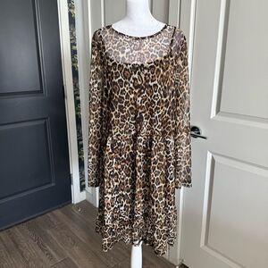 WAYF Leopard Print A-line Ruffle Hem Long Sleeve Dress Size XL